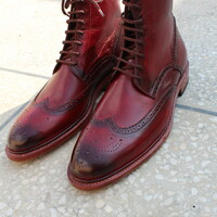 Burgundy Leather Ankle High Lace up Wingtip Dress Handmade Boot - Thumbnail 4