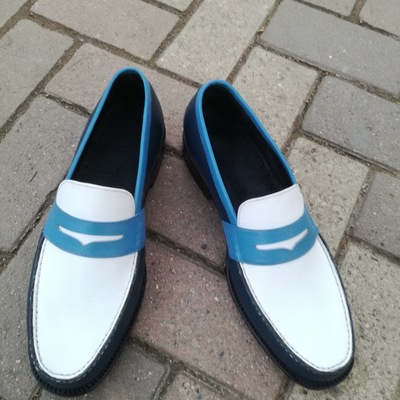 Crafted leather blue white leather unique and classic moccasin loafers dress shoes - Thumbnail 2
