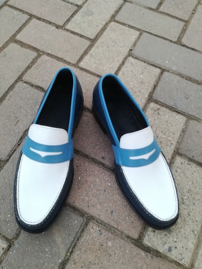 Crafted Leather Blue White Leather Unique and Classic Moccasin Loafers Dress Shoes