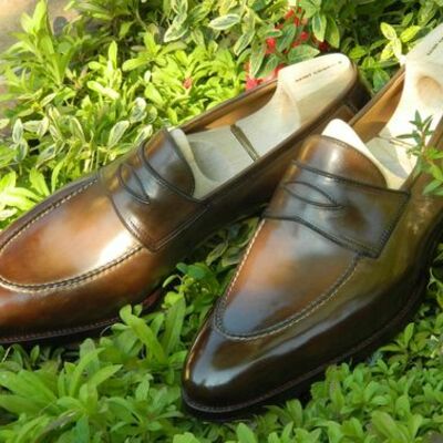 Handmade brown patina loafers moccasin formal men dress shoes - Thumbnail 2