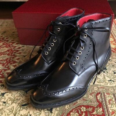 Handmade men black calf leather wingtip dress boot - Thumbnail 5