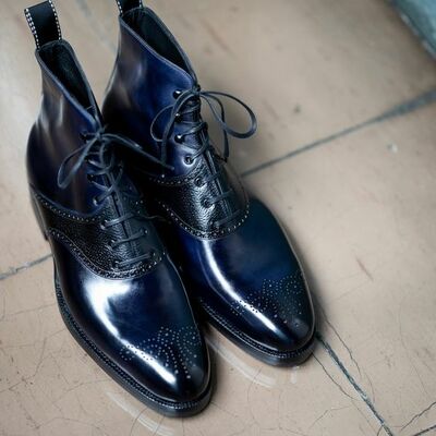 Classic handmade blue patina leather ankle high lace up dress boot - Thumbnail 2