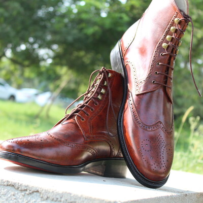Ankle high lace up brown leather wingtip handmade boot for men - Thumbnail 3