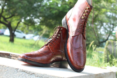 Ankle High Lace up Brown Leather Wingtip Handmade Boot For Men