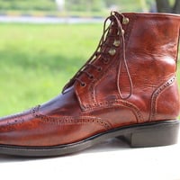 Ankle High Lace up Brown Leather Wingtip Handmade Boot For Men - Thumbnail 1