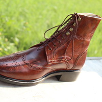 Ankle High Lace up Brown Leather Wingtip Handmade Boot For Men - Thumbnail 2