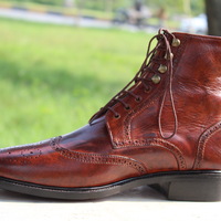 Ankle High Lace up Brown Leather Wingtip Handmade Boot For Men - Thumbnail 3