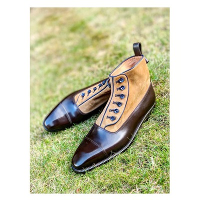 Men Dark Brown and Beige Suede Leather Ankle High Dress Button Boot