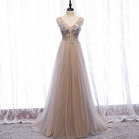 sexy Backless Sleeveless Gray Party Dresses V Neck Fairy Applique Prom Dresses - Thumbnail 1