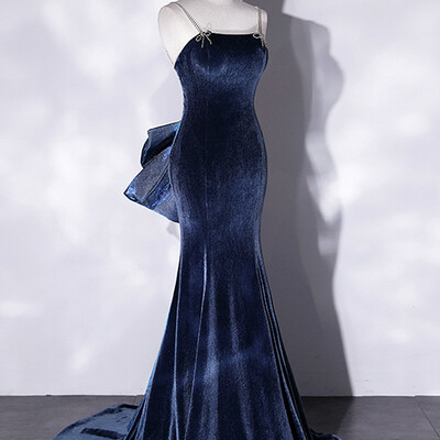 Spaghetti strap prom dresses, blue evening dresses velvet party dresses