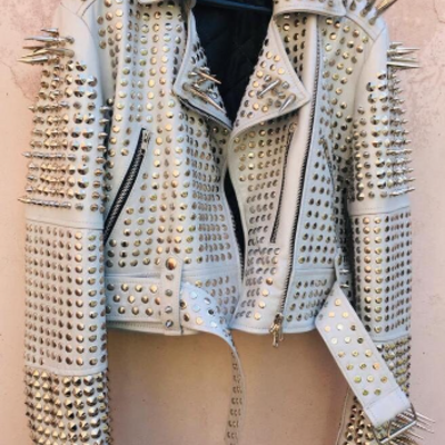 Crafted leather new handmade women's comfortable white color studded brando metal spiked leather round studs jacket - Thumbnail 5