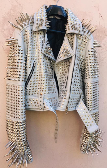 Crafted Leather New Handmade Women's Comfortable White Color Studded Brando Metal Spiked Leather Round Studs Jacket