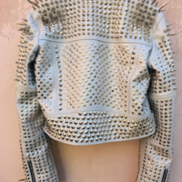 Crafted Leather New Handmade Women's Comfortable White Color Studded Brando Metal Spiked Leather Round Studs Jacket - Thumbnail 1