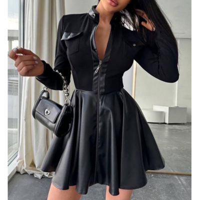 Zipper pocket spliced long sleeve dress