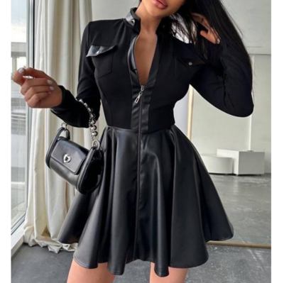 Zipper Pocket Spliced Long Sleeve Dress