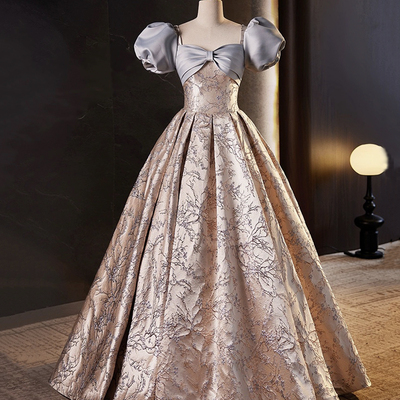 Beautiful satin long prom dress, a-line short sleeve evening party dress