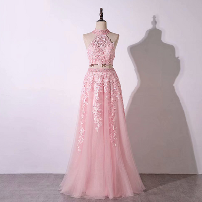  v-neck halter neck lace applique evening formal gowns - Thumbnail 1