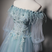 light Blue Off Shoulder Long Sleeves Tulle Party Dress With Lace - Thumbnail 1