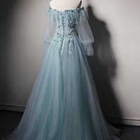 light Blue Off Shoulder Long Sleeves Tulle Party Dress With Lace - Thumbnail 2