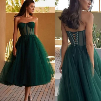 Strapless green prom dresses tea length - Thumbnail 2