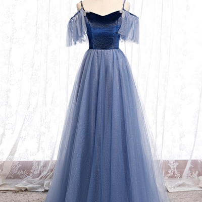 Strapless halter a-line blue tulle evening party dresses