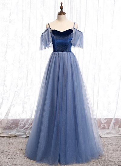 strapless Halter A-line Blue Tulle Evening Party Dresses