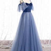 strapless Halter A-line Blue Tulle Evening Party Dresses - Thumbnail 1