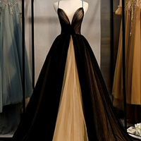 a-line Tulle Pleated Colorblocked Evening V-neck Cross Back Strappy Dress - Thumbnail 1