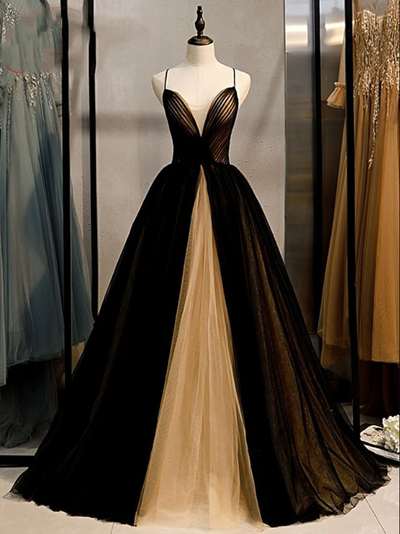 a-line Tulle Pleated Colorblocked Evening V-neck Cross Back Strappy Dress