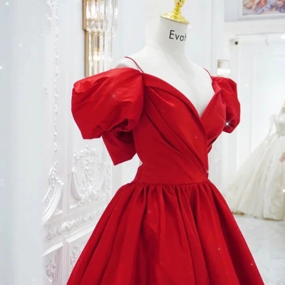 Princess red prom dress long with short puffy sleeve formal evening gown women elegant