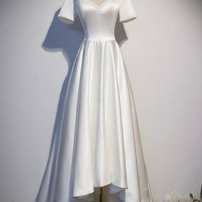 High low white satin prom dresses simple long formal evening gowns pearl beaded wedding dresses