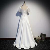 high Low White Satin Prom Dresses Simple Long Formal Evening Gowns Pearl Beaded Wedding Dresses - Thumbnail 2