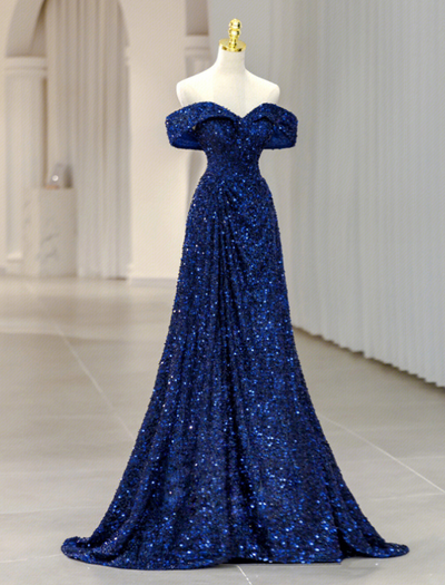one Neck Evening Gowns Premium Sequins Blue Party Dresses