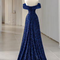 one Neck Evening Gowns Premium Sequins Blue Party Dresses - Thumbnail 2