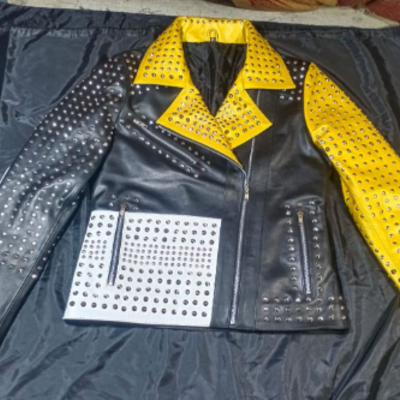 Womens handmade golden studded punk long length leather jacket  - Thumbnail 5