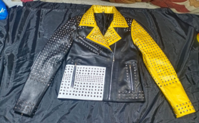 Womens Handmade Golden Studded Punk Long Length Leather Jacket 