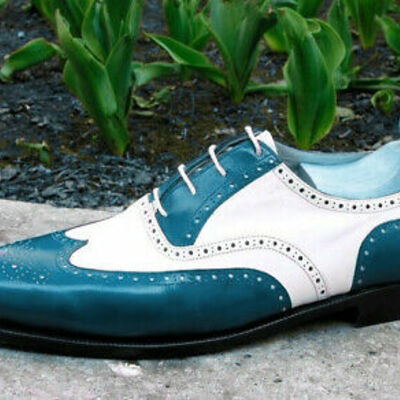 Wing tip brogues toe men white green two tone leather oxford lace up shoes - Thumbnail 3