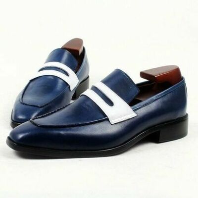 Two Tone Penny Loafer Moccasin Slip On Blue White Spectator Real Leather Shoes