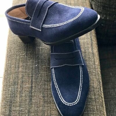 Men's blue color penny loafer moccasin casual wear genuine suede leather shoes - Thumbnail 3