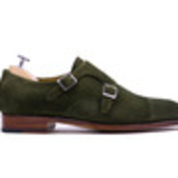 Men Green Double Monk Suede Leather Shoes - Thumbnail 1