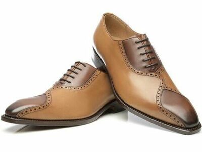 New Pure Handmade Tan & Brown Leather Lace up Brogue Shoes for Men's