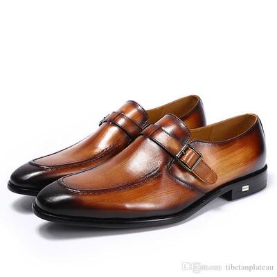 Monk burnished toe brown partywear premium leather single buckle strap men shoes - Thumbnail 2