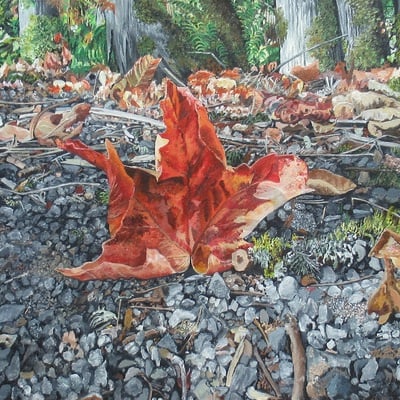 "first signs of fall", original acrylic painting by n.e.thompson, artwork size 16x20 inches