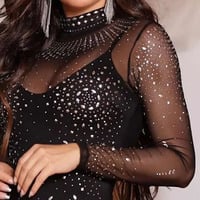 Casual Rhinestone Long Sleeved Tight Fitting Dress - Thumbnail 2