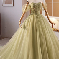 Green Tulle Long A-Line Prom Dress, Lovely Evening Party Dress - Thumbnail 1