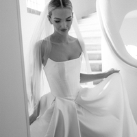 Curved Strapless Wedding Dresses Satin Long Train - Thumbnail 1