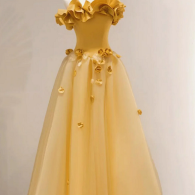 Strapless yellow floral long prom dresses, strapless yellow long formal evening dresses kpp1606 - Thumbnail 1