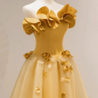 Strapless Yellow Floral Long Prom Dresses, Strapless Yellow Long Formal Evening Dresses KPP1606 - Thumbnail 1