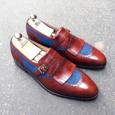 Premium leather blue maroon two tone apron toe men handmade men monk shoes - Thumbnail 3