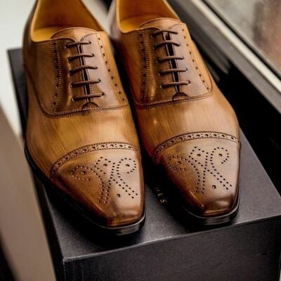 Tan color oxford brogue cap toe party wear superior leather lace up shoes - Thumbnail 4